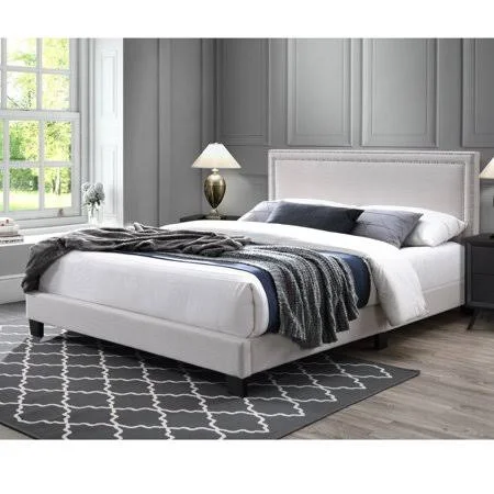 DG Casa Ocean Upholstered Platform Bed Frame with Nailhead Trim Headboard and Full Wooden Slats, Queen Size in Beige Polyester B