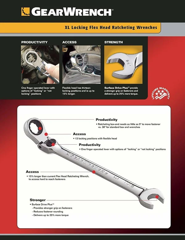 GearWrench 85798 8 Piece XL SAE Locking Flex Combination Ratcheting Wrench Set
