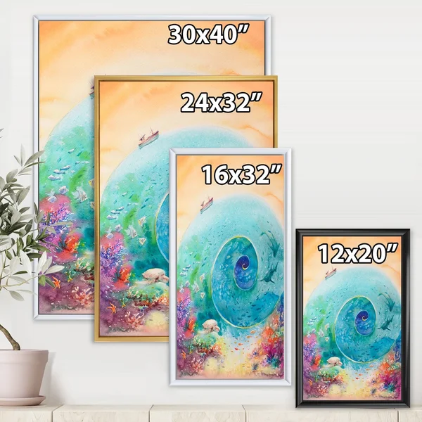 Designart &Turquoise Ocean Spiral with Coral Reef Fishes& Nautical & Coastal Framed Canvas Wall Art Print - 16 in. Wide x 32