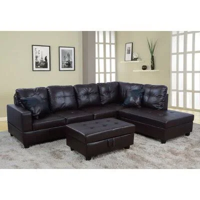 Wilhelmine 103.5x22 Wide Faux Leather Sofa & Chaise with Ottoman Ebern Designs Leather Type: Dark Brown Faux Leather - Orient