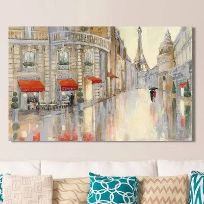 &Touring Paris Couple& Painting Print on Wrapped Canvas House of Hampton Size: 28x22 H x 48x22 W