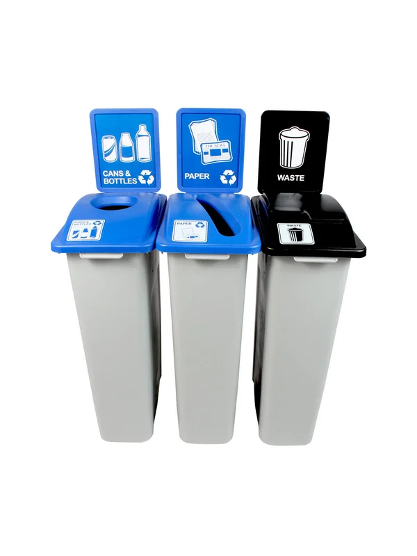 Busch Systems Waste Watcher Paper, Cans and Bottles Circle Solid Lift 69 Gallon Recycling Bin Set Color: Gray/Blue/Black