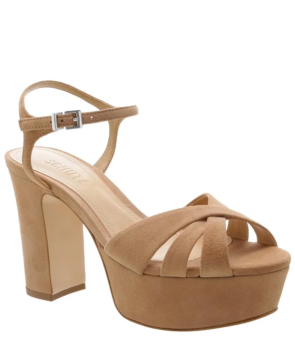 Schutz Keefa Nubuck Ankle-Strap Platform Sandals - Honey Beige, 7b