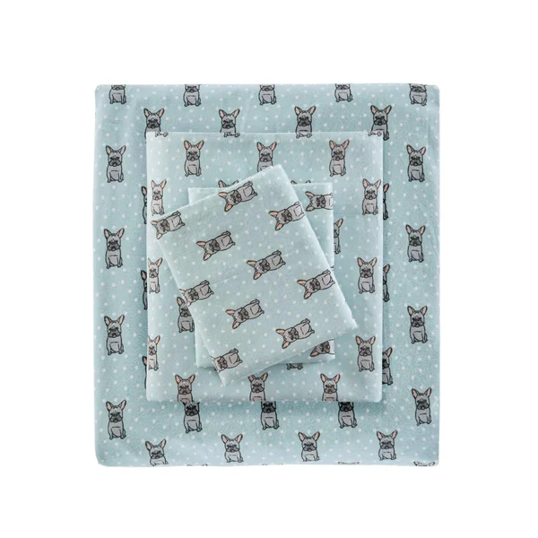 True North by Sleep Philosophy Cozy Flannel Sheet Set Aqua French Bulldog - Cal King