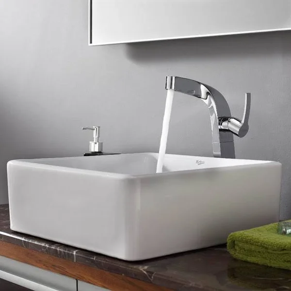 Kraus C-KCV-120-15100CH White Square Ceramic Sink and Typhon Faucet - Chrome