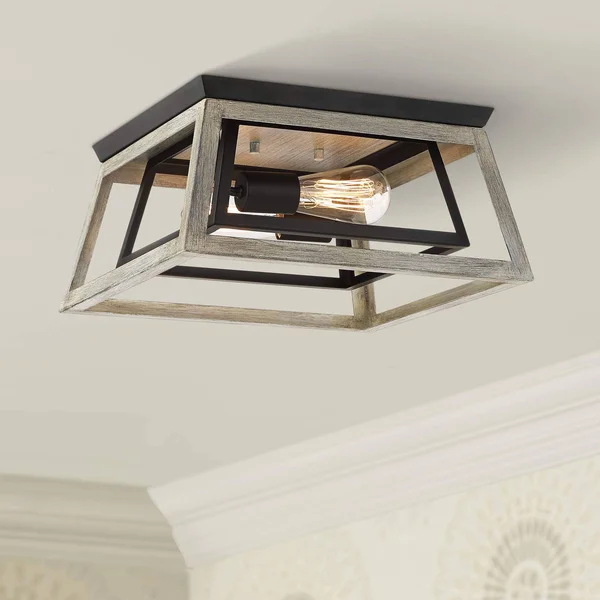 Possini Euro Design Farmhouse Ceiling Light Flush Mount Fixture Whitewashed Wood Black 14x22 Wide Open Box Bedroom Kitchen Hallw