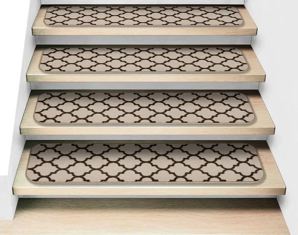 Set of 15 Attachable Indoor Carpet Stair Treads - Moroccan Trellis Lattice - Vanilla Cream & Coffee Brown - 9 Inches x 36 In