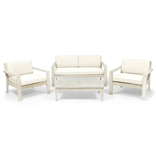 Santa Ana Outdoor 4 Seater Acacia Wood Chat Set with Cushions by Christopher Knight Home - Wire Brushed Light Gray Wash+Cream