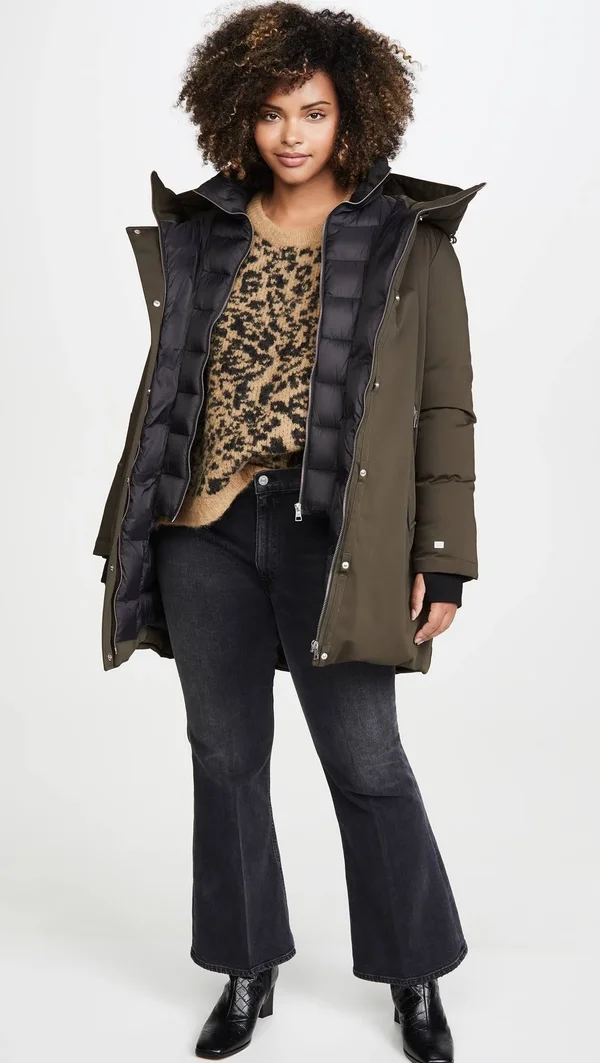 Soiau0026Kyo Belina Mid-Length Classic Down Coat with Puffy Bib - L - Army