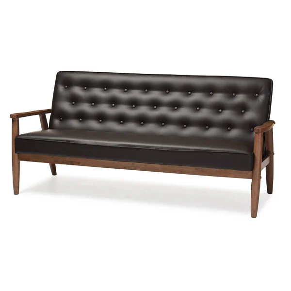 Baxton Studio Sorrento Mid Century Retro Modern Faux Leather Upholstered Wooden 3 Seater Sofa, Dark Brown