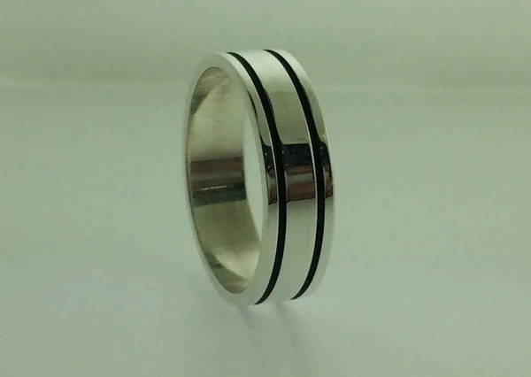 Polished Sterling Silver 6mm Double Black Groove Wedding Band 3.5