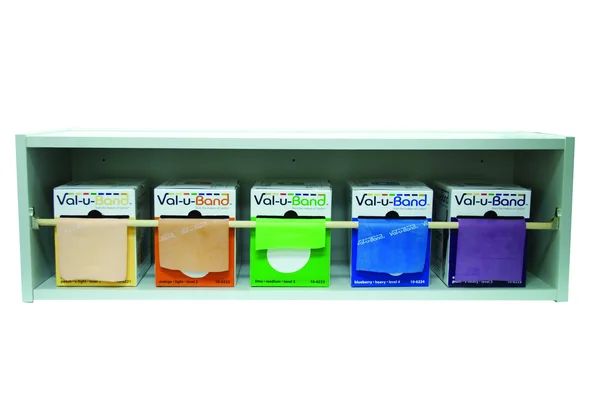 Val-u-Band Low Powder Exercise Band 50 Yard - 5 Piece Set (1 Each: Peach, Orange, Lime, Blueberry, Plum) - Rack