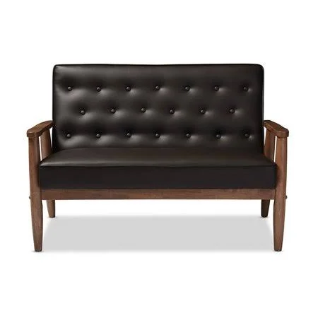 Skyline Decor Sorrento Mid-Century Retro Modern Brown Faux Leather Upholstered Wooden 2-Seater Loveseat