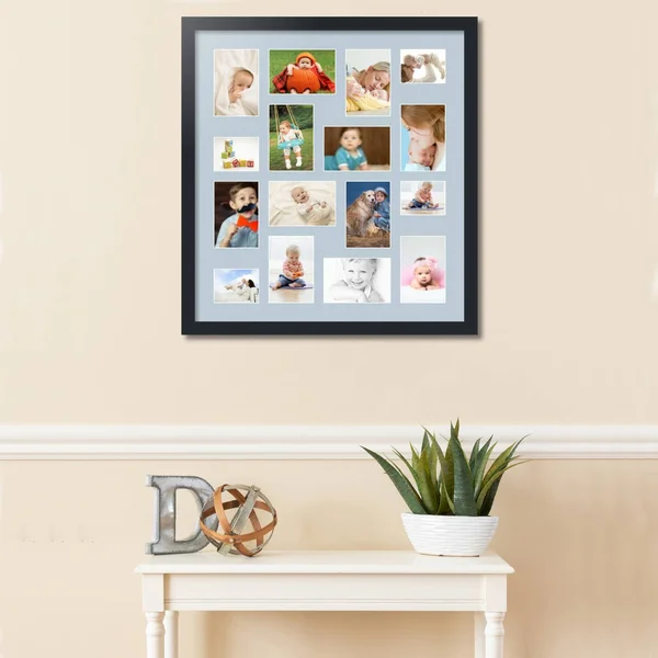 Collage Picture Frame, Satin Black Frame with 16 openings for 4x6 Photos with Baby Blue Mat. D3926FT187, ArtToFrames