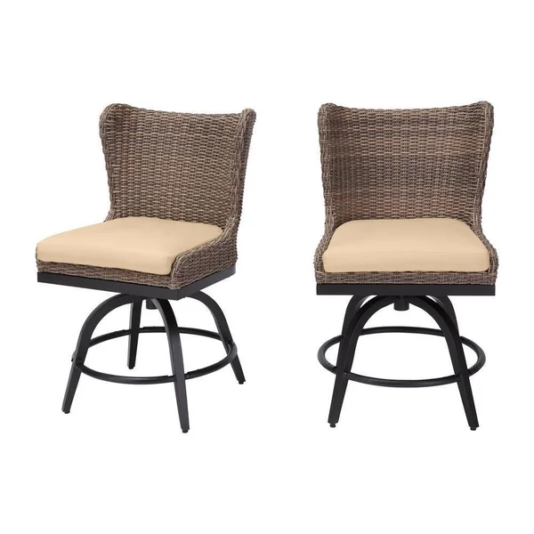 Home Decorators Collection Hazelhurst Brown Wicker Outdoor Patio Swivel High Dining Chairs with Sunbrella Beige Tan Cushions (2