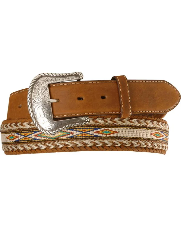 42 inch Tony Lama Brown Men's Badlands Horse Hair with Ribbon Inlay Leather Belt