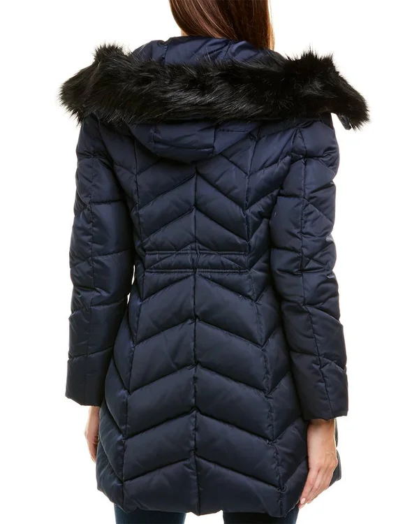 Tahari Gwen Womens Faux Fur Trim Midi Down Coat, Galaxy