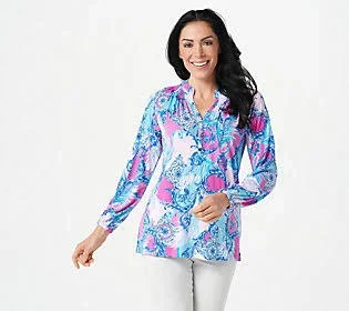 Belle by Kim Gravel Abstract Print V-Neck Knit Top - Size Medium, Pink/Turquoise