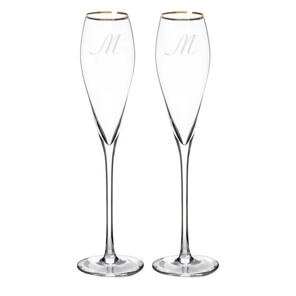 Cathy&s Concepts Monogram Gold Rim Champagne Flutes (Set of 2) - Clear-Q