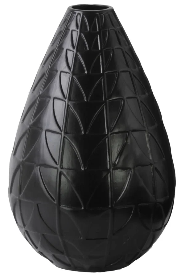 Benzara Round Ceramic Vase with Embossed Triangle Design - Matte Black