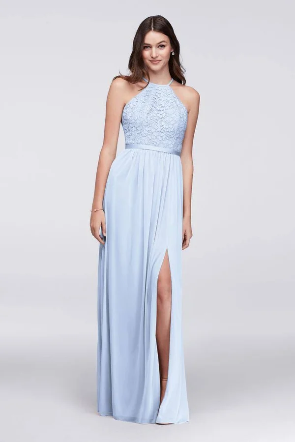 David&s Bridal Open-Back Lace and Mesh Bridesmaid Dress - Ice Blue, 20