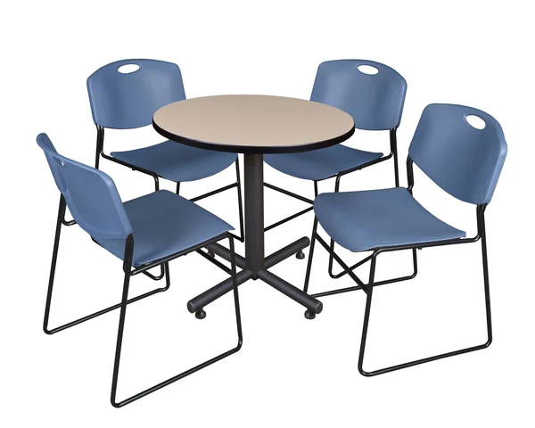 Kobe 48x22 Round Breakroom Table- Mahogany & 4 Zeng Stack Chairs- Blue