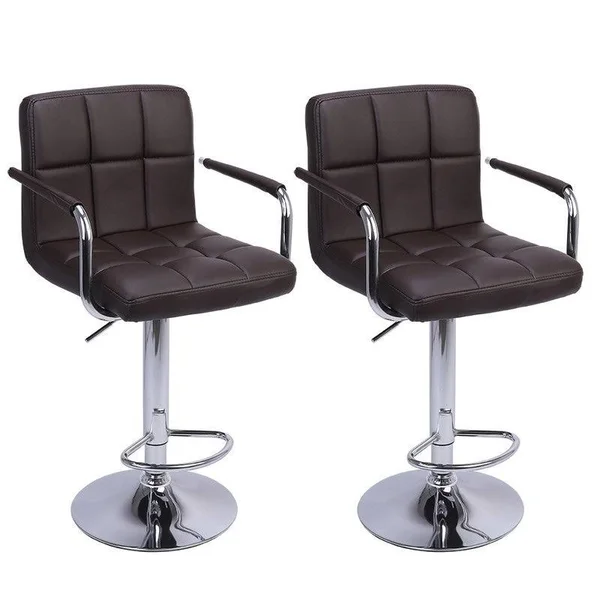 karlinc Modern Square PU Leather Adjustable Bar Stools with Armrest (Set of 2) - Brown