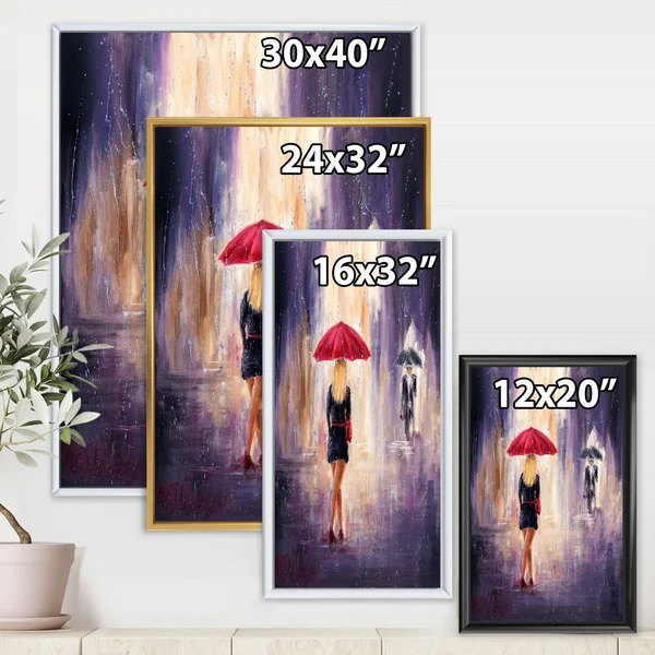 Designart 'The Woman with The Umbrella Walking in The Rain II' French Country Framed Canvas Wall Art Print - 30 in. Wide x 40 in