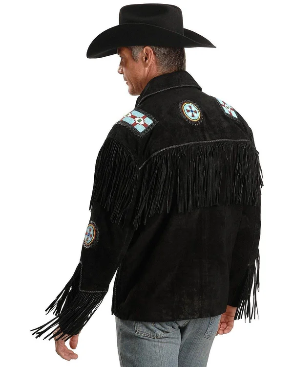 Mens Tobacco or Black Eagle Beaded Premium Suede Leather Western Fring