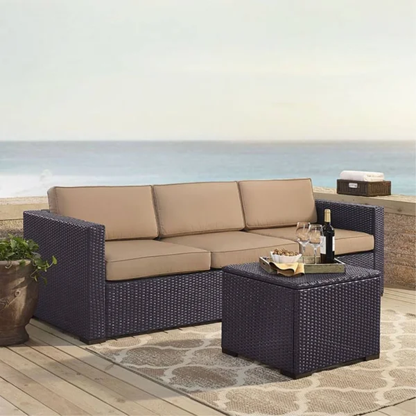 Ergode Biscayne 3 Person Outdoor Wicker Seating Set in Mocha - One Loveseat, One Corner & Coffee Table