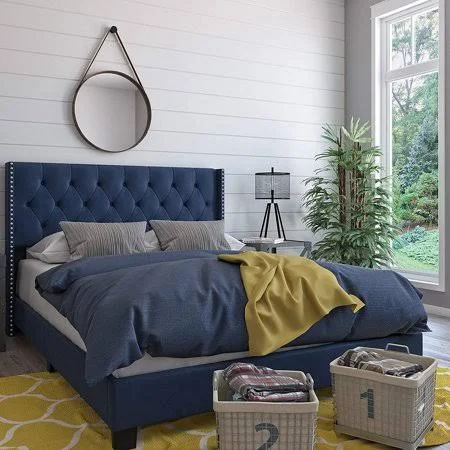 Savoy Upholstered Storage Wingback Bed - Queen - Blue - Velvet