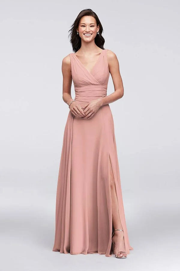 David&s Bridal Surplice Tank Long Chiffon Bridesmaid Dress - Pewter - 6