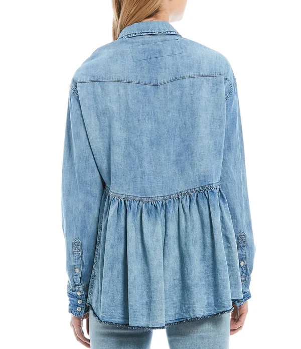 Free People Dylan Babydoll Snap Front Chambray Frayed Hem Blouse - Womens, L, Chambray