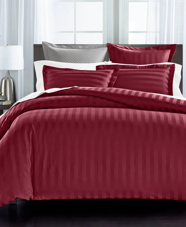 Charter Club Damask Stripe 100% Supima Cotton 550 Thread Count 3 pc. Duvet COVER - King, Created for Macy&s - Pomegranate (Burgun