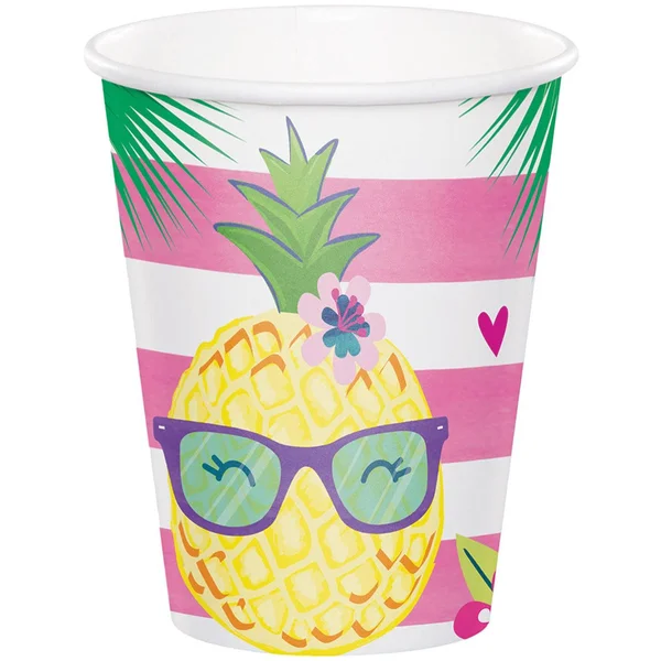 Party Central Club Pack of 96 Pink and Yellow Disposable Pineapple N Friends Hot/Cold Cups 5.6”