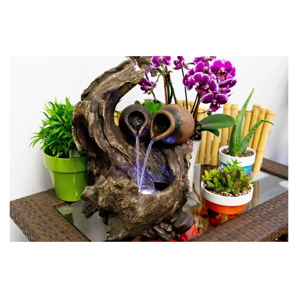 Alpine Two Pots Cascading on Tree Branch Fountain with LED Lights