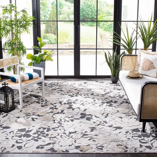 Safavieh Cabana Ivory/Charcoal 8 ft. x 10 ft. Floral Striped Indoor/Outdoor Area Rug