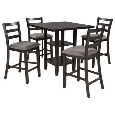 5-Piece Wooden Counter Height Dining Set - Square Dining Table with 2-Tier Storage Shelving and 4 Padded Chairs, Espresso Red Bar