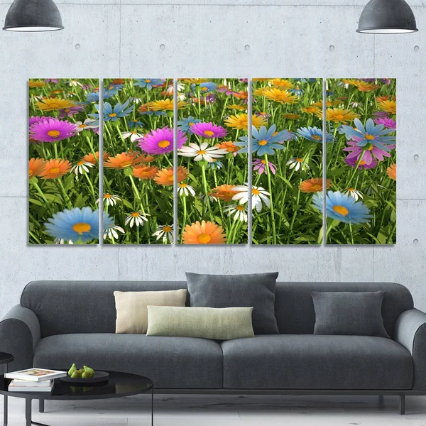 Design Art &Different Color Flowers in Field& Photographic Print Multi-Piece Image on Canvas - Size: 83 in. Wide x 32 in. High