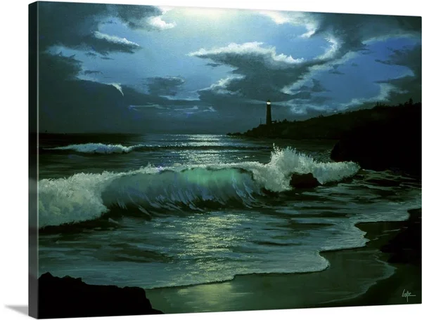 Waves Coming in on Shore - with A Lighthouse in The Distance, at Night, Large Solid-Faced Canvas Wall Art Print, Great Big Canv