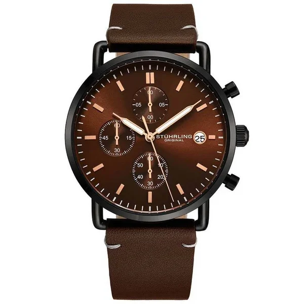 Stuhrling Original Monaco Brown Dial Brown Leather Men's Watch M15891, Quartz Movement, Leather Strap, 44 mm Case in Black, Bro