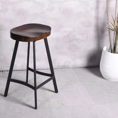 Set of 2 Industrial Rustic Bar Stool Saddle Seat Counter Height Farmhouse Stool-Metal and Wood Top Dining Stools - Backless, Stacka