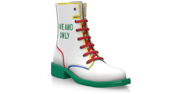 Women's Lace-Up Ankle Boots - Combat Boots Handmade with White Leather, Laces, Zipper, Low Heel - Custom Design - Girotti