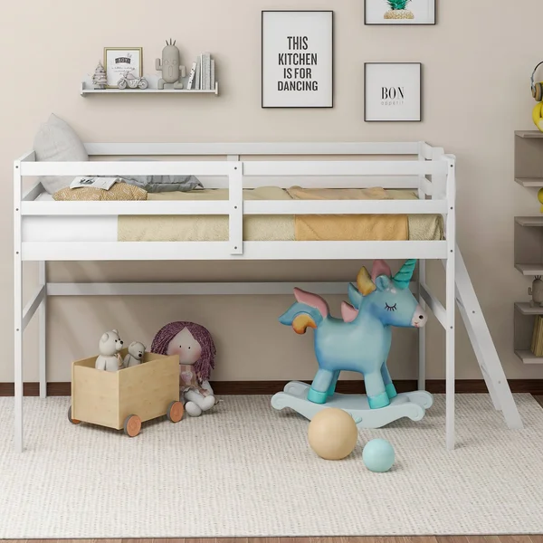 Wooden Twin Size Low Loft Bed with Ladder - White