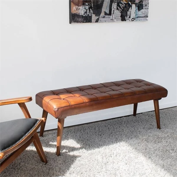 Allora Mid Century Modern Genuine Leather Bench in Tan
