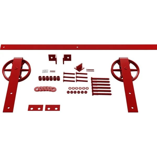 Premium Wagon Wheel Strap Barn Door Hardware Set w/ 6& Track for 1 3/4x22 Doors, Regal Red