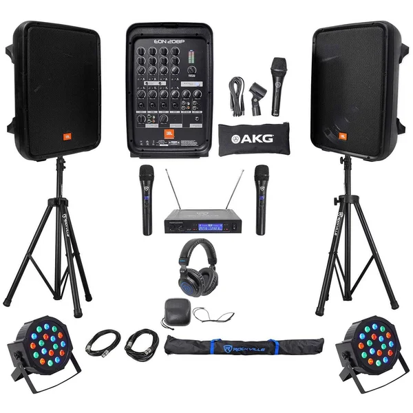 JBL EON208P 8 Powered Bluetooth Speakes+Mixer+Stands+Wireless Mics+Headphones EON208P+RVSS2-XLR+RWM1203VH+DJ1500