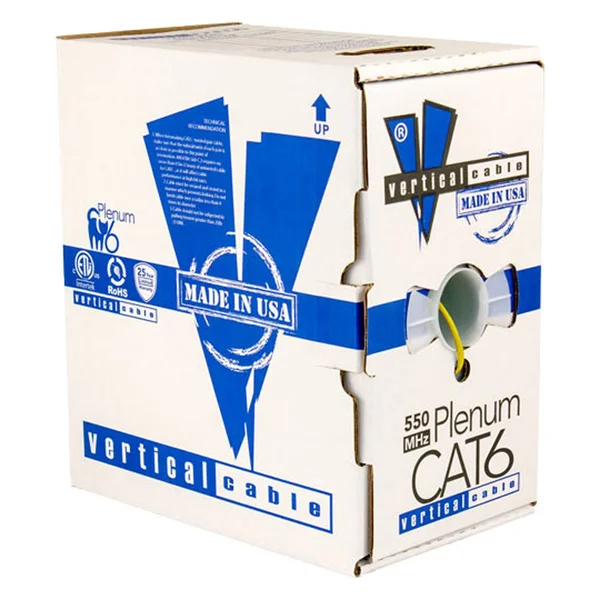 Vertical Cable Cat6, 550 MHz, UTP, 23AWG, 8C Solid Bare Copper, Plenum, 1000ft, Yellow, Bulk Ethernet Cable - Made in USA