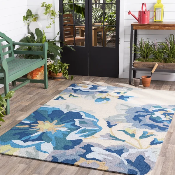 Modern BHS-0057099 Hooked Poly Blue Outdoor Floral Door Mat, 3' x 5'