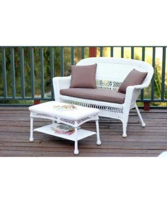 Jeco W00207-LCS007 Black Wicker Patio Love Seat and Coffee Table Set with Brown Cushion